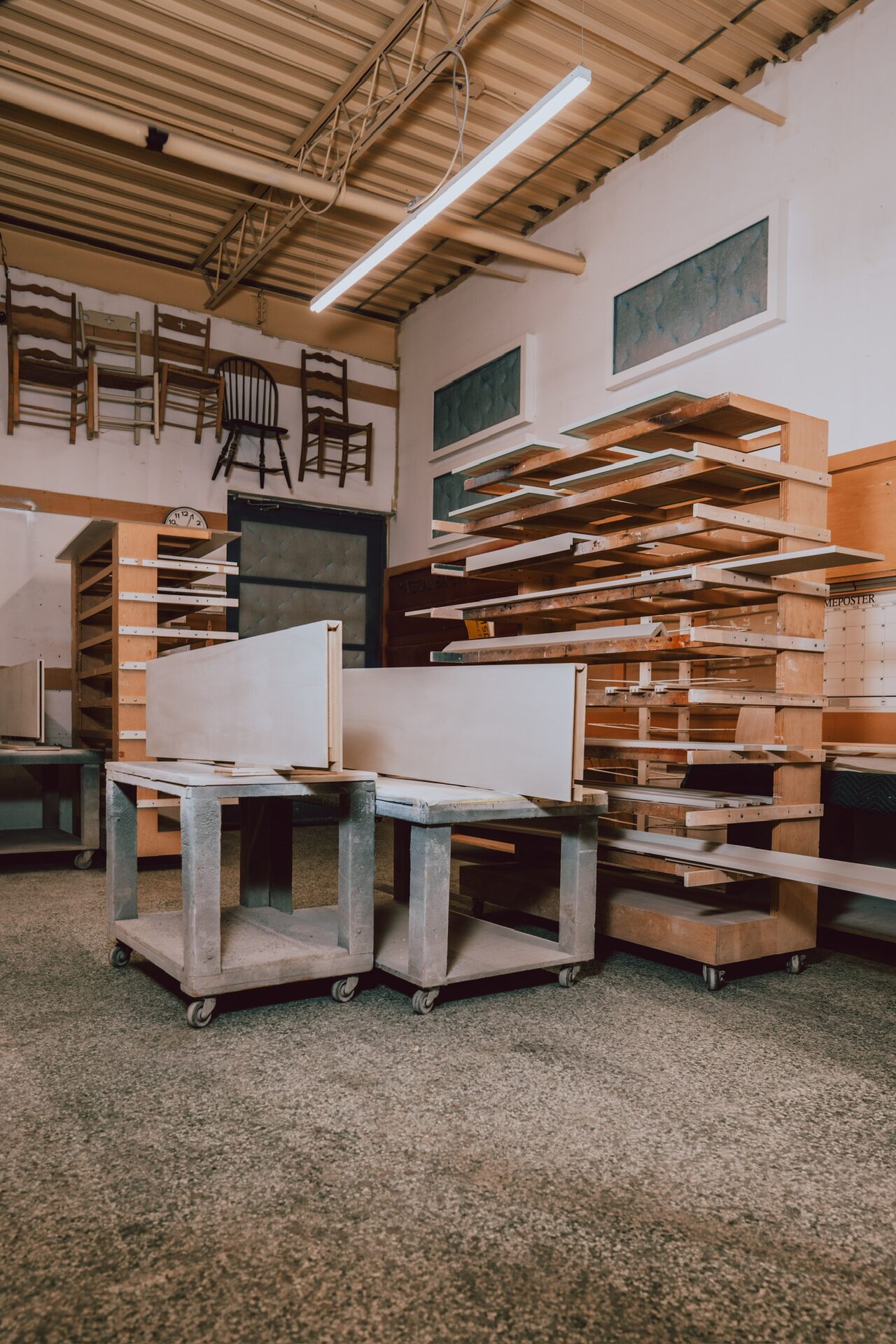 Panel racks and material storage in the workshop