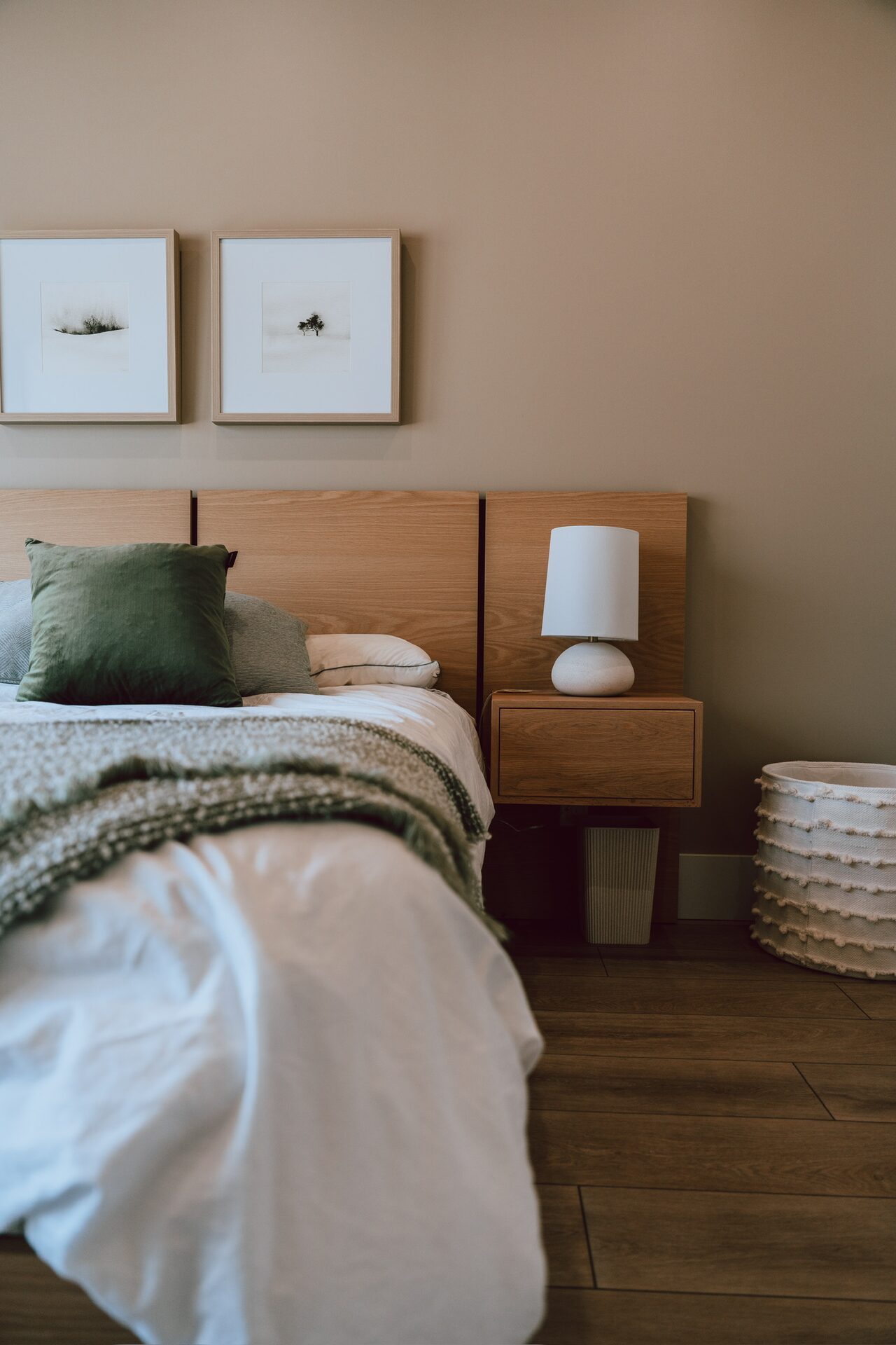 Custom wood headboard and floating nightstand